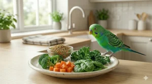 A ceramic plate containing fresh UK-grown vegetables like broccoli, kale, and carrots served alongside a small bowl of budgie pellets.