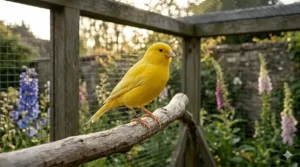 A healthy canary with vibrant, glossy plumage standing in a garden aviary, showing the physical benefits of a balanced canary seed mix.