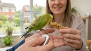 Alt text for image 4: A blue budgie stepping onto a hand to reach a pinch of sunflower seeds during a training drill.