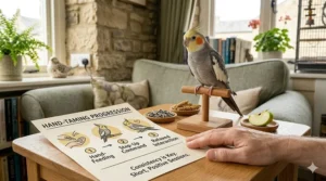 A printed hand-taming progression guide on a wooden table illustrating the stages of building trust.