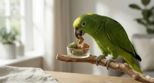 A vibrant green Amazon parrot with glossy feathers and bright eyes, reflecting the health benefits of a pellet-based diet.