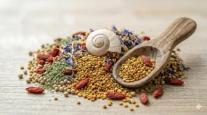 A healthy foraging mix for budgies including seeds and dried berries to encourage natural feeding behaviours in a home environment.