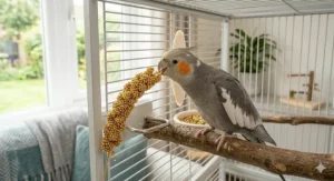 A sprig of yellow millet spray being offered to a pet cockatiel as a high-energy reward or training treat.