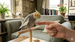 A cockatiel standing on a wooden perch and lifting a foot to step onto a trainer's hand.