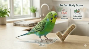 Illustration of a healthy, active budgie at its ideal weight with a body condition score chart for British bird owners.