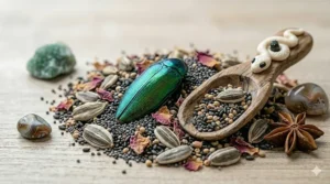 High-protein budgie food featuring dried edible insects and botanicals mixed with a variety of birdseeds for a natural diet.