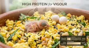 Illustration showing the high protein levels in egg food essential for healthy canary chick growth and vigour.