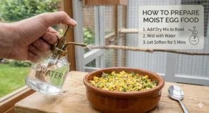 A close-up guide illustration showing how to moisten dry egg food with a fine water mist for better palatability, with an infographic panel detailing the steps.