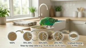 A step-by-step ratio guide showing how to gradually mix pellets into a seed bowl to safely transition a budgie to a healthier diet.