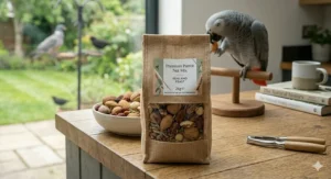 A high-specification large indoor bird aviary with multiple perches and clean metal mesh, designed for a modern home interior.