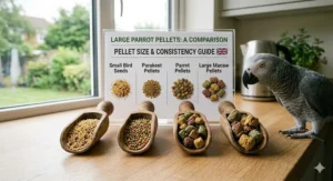 A visual size guide comparing large parrot pellets against smaller parakeet kibble to help UK owners choose the correct diameter.