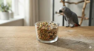 A clear glass feeder cup containing a 50-50 mix of traditional sunflower seeds and nutritional pellets to help a picky parrot transition.