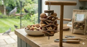 A wooden bowl filled with a specialist seed mix containing sunflower seeds and grains tailored for native British bird species.