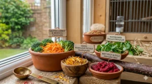 A selection of natural British vegetables including grated carrots, broccoli, and watercress used as canary colour food.