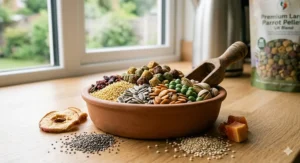 Close-up illustration of organic grains, seeds, and dried fruits used in high-quality parrot pellets available in the UK.