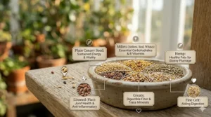 An informative illustration of a seed bowl with British English labels detailing the nutritional benefits of millets, hemp, and fine grit for bird health.