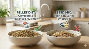 An infographic showing the balanced nutritional value of budgie pellets compared to the high fat content and lack of vitamins in standard seed mixes.