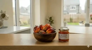 A close-up view on a light oak counter showing a small bowl of raw, reddish-orange palm fruit bunches next to a glass jar of red palm oil supplement.