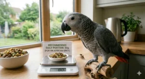 A kitchen scale showing the recommended daily weight in grammes of pellets for a healthy adult African Grey parrot.