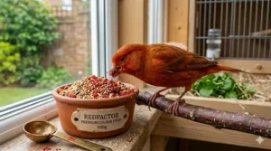 A close-up of a Red Factor canary eating specialist softfood enriched with beta-carotene to maintain deep plumage colour.