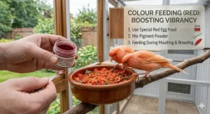 Illustration of red-tinted egg food, specialised for Red Factor canaries, detailing how it boosts vibrant plumage, with an infographic panel on its application during breeding and moulting.