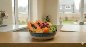 A vibrant close-up of the ceramic bowl filled with fresh tropical and British fruits, including slices of papaya, pomegranate seeds, orange segments, and whole grapes.