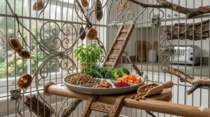 An illustration of parrot-safe fruits and natural foraging elements including pomegranate seeds and dried citrus slices.