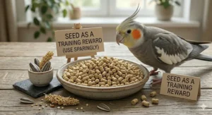 A selection of safe British vegetables including kale, broccoli, and carrots served as a healthy supplement for pet birds.