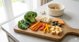 A selection of bird-safe fresh vegetables including broccoli florets, kale, and chopped carrots for a cockatiel's daily vitamins.