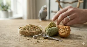 A side-by-side comparison of micro-pellets suitable for budgies versus larger, chunky parrot pellets on a wooden surface.