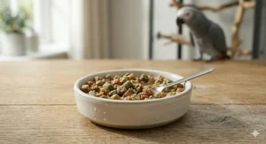A small ceramic dish showing parrot pellets softened and plumped with warm water to tempt stubborn or senior eaters.