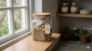 A glass clip-top storage jar filled with a canary seed mix, kept on a wooden shelf in a cool, dry British larder to maintain freshness.