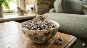 A small ceramic bowl filled with striped sunflower seeds, a high-value treat for taming pet birds.