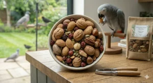 An organised bird husbandry station featuring sustainable cleaning products and neatly stored nutritional supplements for avian care.