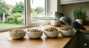 A comparative graphic showing a gradual transition from a traditional seed mix to a healthy pellet-based diet for a large parrot.