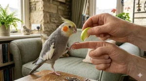 A trainer luring a cockatiel with a healthy treat to demonstrate relaxed and positive bird behaviour.