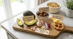 An educational graphic showing foods dangerous to cockatiels, such as avocado, chocolate, and salty snacks.