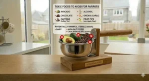 A close-up view of a stainless steel bowl containing illustrative avocado, chocolate, and coffee beans, accompanied by an informational graphic listing toxic items for parrots.