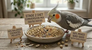 A stage one diet conversion mix for cockatiels featuring a 75% seed to 25% pellet ratio in a ceramic bowl.