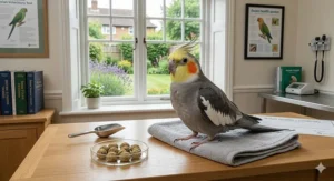 An infographic pyramid showing a UK vet-recommended diet: 75% pellets, 20% fresh greens, and 5% seed treats.