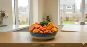 A photorealistic close-up of the blue and cream ceramic bowl filled with raw chopped orange vegetables, including sweet potato, butternut squash, and carrots.