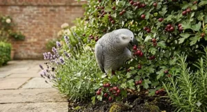 An African Grey parrot actively foraging for berries on a native hawthorn hedge in a detailed British garden setting.