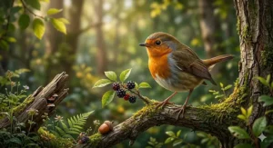 Alt text for image 3: Photorealistic illustration of a Robin in a natural garden setting, featuring native British flora like blackberries and oak acorns to represent species-appropriate nutrition.