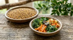 A close-up of a high-quality zebra finch seed mix containing yellow, red, and white millets.