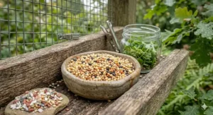 A photorealistic close-up of a premium Gouldian finch seed mix in a ceramic bowl, featuring various millets and canary seeds.