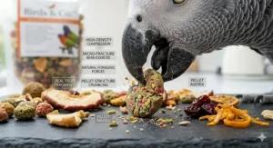 A high-detail close-up of a parrot's beak breaking a crunchy fruit flavoured bird pellet, illustrating how the texture helps maintain beak condition.