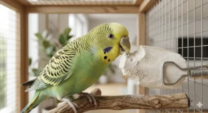 Close-up illustration of a parrot using the abrasive surface of a cuttlefish bone to naturally wear down its beak.
