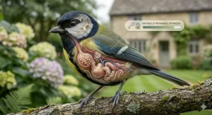 Anatomical study of a Blue Tit showing healthy bone structure and a Calcium Absorption: Optimised diagnostic overlay for UK bird health.