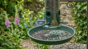 A niger seed feeder equipped with a tray to catch husks and prevent mess on a garden patio.