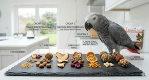 A comparison chart of different pellet sizes, from fine crumbles for budgies to large fruit flavoured pellets for macaws and African greys.